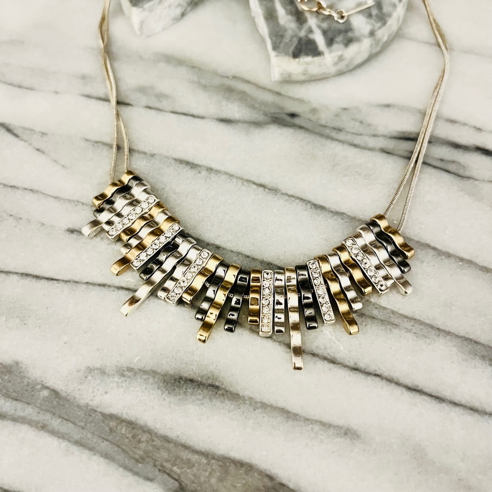 Nine West Mix Metal Statement Necklace Silver Gold Toned Pave Accent Edgy - Picture 5 of 7